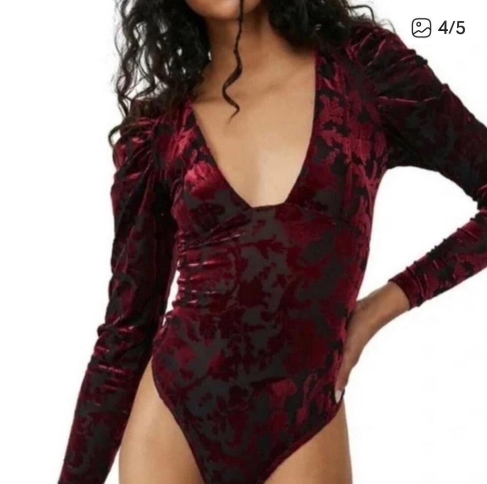 Free People Burgundy Velvet Magic Hour Bodysuit - Picture 2 of 8
